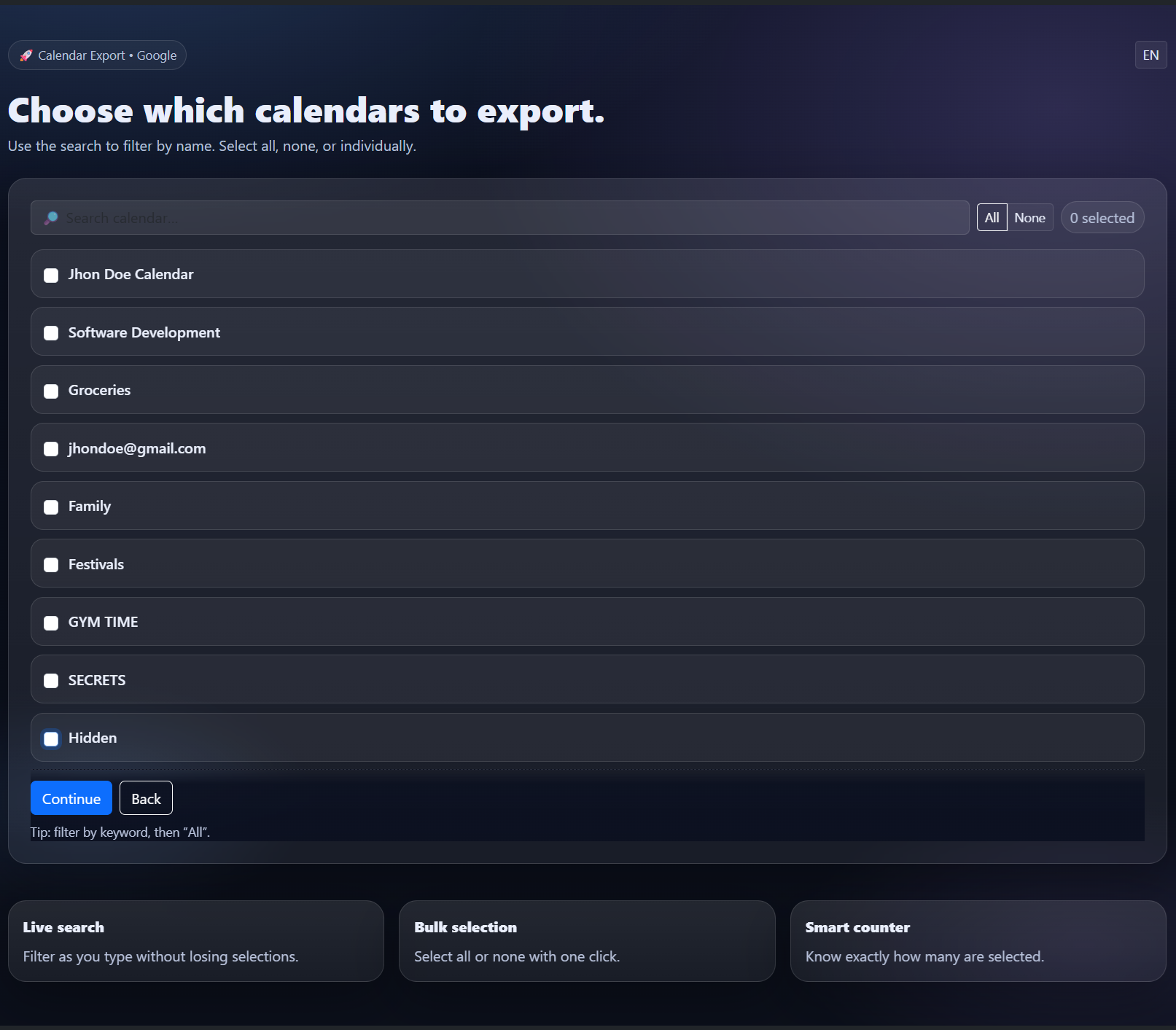 Select calendars