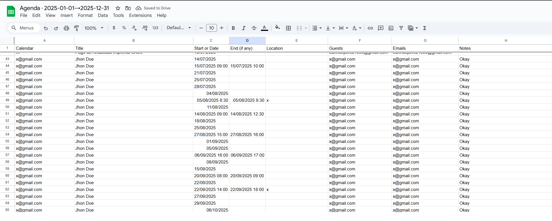 Generated Google Sheet